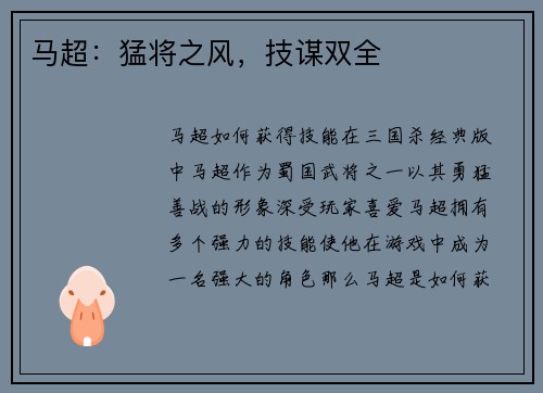 马超：猛将之风，技谋双全