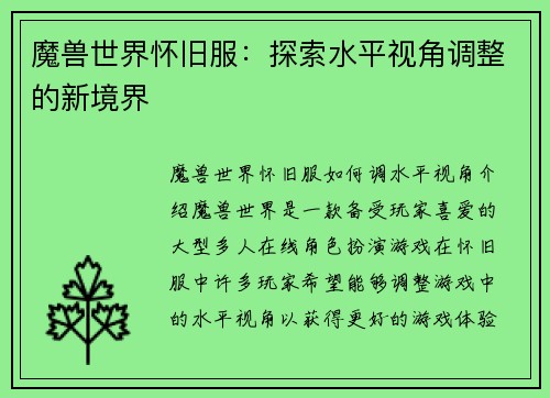 魔兽世界怀旧服：探索水平视角调整的新境界